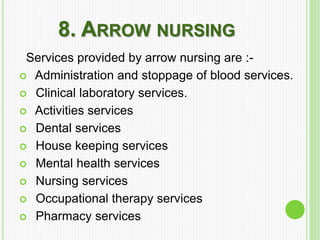 8. ARROW NURSING
Services provided by arrow nursing are :-
 Administration and stoppage of blood services.
 Clinical laboratory services.
 Activities services
 Dental services
 House keeping services
 Mental health services
 Nursing services
 Occupational therapy services
 Pharmacy services
 