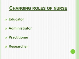 CHANGING ROLES OF NURSE
 Educator
 Administrator
 Practitioner
 Researcher
 