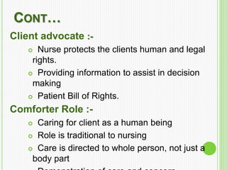 CONT…
Client advocate :-
 Nurse protects the clients human and legal
rights.
 Providing information to assist in decision
making
 Patient Bill of Rights.
Comforter Role :-
 Caring for client as a human being
 Role is traditional to nursing
 Care is directed to whole person, not just a
body part
 
