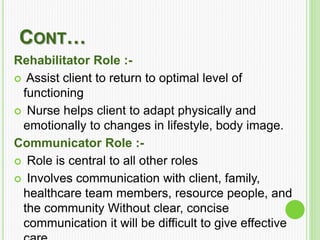 CONT…
Rehabilitator Role :-
 Assist client to return to optimal level of
functioning
 Nurse helps client to adapt physically and
emotionally to changes in lifestyle, body image.
Communicator Role :-
 Role is central to all other roles
 Involves communication with client, family,
healthcare team members, resource people, and
the community Without clear, concise
communication it will be difficult to give effective
 