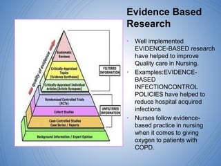 Evidence Based
Research
• Well implemented
EVIDENCE-BASED research
have helped to improve
Quality care in Nursing.
• Examples:EVIDENCE-
BASED
INFECTIONCONTROL
POLICIES have helped to
reduce hospital acquired
infections
• Nurses follow evidence-
based practice in nursing
when it comes to giving
oxygen to patients with
COPD.
 