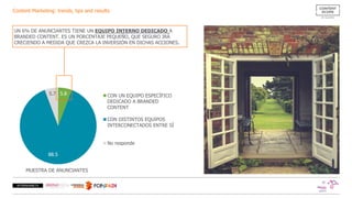 Content Marketing: trends, tips and results
5.8
88.5
5.7 CON UN EQUIPO ESPECÍFICO
DEDICADO A BRANDED
CONTENT
CON DISTINTOS EQUIPOS
INTERCONECTADOS ENTRE SÍ
No responde
UN 6% DE ANUNCIANTES TIENE UN EQUIPO INTERNO DEDICADO A
BRANDED CONTENT. ES UN PORCENTAJE PEQUEÑO, QUE SEGURO IRÁ
CRECIENDO A MEDIDA QUE CREZCA LA INVERSIÓN EN DICHAS ACCIONES.
MUESTRA DE ANUNCIANTES
 