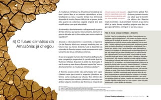 O Futuro Climático da Amazônia • 28Relatório de Avaliação Científica
4) O futuro climático da
Amazônia: já chegou
Falta de chuva: ameaça mortal para a Amazônia
Em 2000, Peter Cox e colaboradores do Hadley Center publicaram um
impactante artigo na revista Nature88
. Pela primeira vez haviam unido um
modelo geral de circulação da atmosfera com um modelo interativo de
vegetação em que o ciclo do carbono era bem detalhado. Entre os resul-
tados, o modelo projetava uma redução acentuada, progressiva e perma-
nente da chuva na Amazônia, o que levaria à sua morte gradual. Com a
floresta seca, entraria o fogo e seriam liberadas vastas quantidades de
carbono, o que resultaria em piora acentuada do aquecimento global. Ou
seja, pela primeira vez um modelo climático gerava um vaticínio terrível
para a grande floresta. Catorze anos depois, o novo modelo do Hadley
Center está similar aos demais. Já não suprime a floresta por efeito exter-
no como antes89
. Não obstante, os efeitos do modelo original do Hadley
Center afetavam a floresta pela redução de chuvas, como decorrência do
excesso de CO2
na atmosfera e seu resultante aquecimento. Mas erros na
previsão de chuvas podem ocorrer nos modelos climáticos. E é justamen-
te na redução de chuvas que está a maior ameaça à floresta. Se esses
modelos não preveem corretamente a redução de chuvas, não colocarão
a floresta em perigo. Como nenhum modelo climático atual incorpora os
mecanismos e os efeitos previstos pela teoria da bomba biótica de umi-
dade, principalmente nos potenciais efeitos das mudanças na circulação
do vento (convergência de grande escala suprimida sobre a terra seca),
suas projeções podem ser incertas. Podemos vir a descobrir no futuro que
o modelo original do Hadley Center foi o único a prever – talvez não pelas
razões certas– o futuro climático da Amazônia.
As mudanças climáticas na Amazônia e fora dela já ba-
tem à porta. Mas se os cenários catastróficos se ma-
terializarão ou não, e quanto tempo isso demorará,
depende de muitos fatores difíceis de se prever, entre
eles quanto da cobertura vegetal original terá sido
modificada e com qual velocidade.
Acelerando o desmatamento e ultrapassando o ponto
de não retorno, que parece estar próximo, estimam-se
poucas décadas até o clima saltar para outro estado de
equilíbrio86
.
Zerando o desmatamento e ocorrendo a regenera-
ção da floresta, afasta-se a ameaça imediata para um
futuro mais ou menos distante, tudo a depender da
extensão de floresta oceano-verde remanescente e do
tamanho das forças climáticas externas.
O que a ocupação humana da Amazônia deflagrou foi
uma competição impensável. A corrida onde duas in-
fluências nefastas disputam o pódio na destruição fi-
nal da maior e mais diversa floresta tropical da Terra: o
desmatamento e as mudanças climáticas globais87
.
A floresta oceano-verde não perturbada tem capa-
cidades inatas para resistir a impactos climáticos ex-
ternos, como oscilação nas chuvas. Nos últimos dez
anos, a maioria dos modelos climáticos concordou em
atribuir alguma resistência da floresta ao impacto do
aquecimento global. Ain-
da assim, existem incerte-
zas sobre qual a resistên-
cia efetiva das florestas
tropicais úmidas à ação direta do homem, o que torna
difícil, a partir desses modelos, projetar uma data se-
gura para a floresta extinguir-se por essa causa.
Afloresta oceano-verde não pertur-
bada tem capacidades inatas para
resistir a impactos climáticos exter-
nos, como oscilação nas chuvas.
86  (Coe et al., 2013) Deforestation and climate feedbacks threaten the ecological integrity of south-southeastern Amazonia.
87  (Malhi et al, 2008) Climate change, deforestation, and the fate of the Amazon.
88  (Cox et al., 2000) Acceleration of global warming due to carbon-cycle feedbacks in a coupled climate model.
89  (Good et al., 2013) Comparing Tropical Forest Projections from Two Generations of Hadley Centre Earth System Models, HadGEM2-ES and HadCM3LC.
 