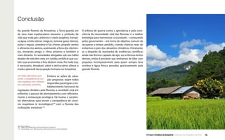 O Futuro Climático da Amazônia • 36Relatório de Avaliação Científica
Conclusão
Na grande floresta da Amazônia, a Terra guarda um
de seus mais espetaculares tesouros: a profusão de
vida que inala gás carbônico e exala oxigênio, transpi-
ra água, emite odores mágicos, remove gases tóxicos,
pulsa e regula, umedece e faz chover, propele ventos
e alimenta rios aéreos, acalmando a fúria dos elemen-
tos, tornando amigo o clima próximo e também o
mais distante. As sociedades abrigadas sob seu hálito
doador de vida têm nela um cordão umbilical que sus-
tém suas economias e lhes dá bem-estar. Por tudo isso,
é necessário, desejável, viável e até lucrativo alterar o
modus operandi da ocupação humana na Amazônia.
Há muitas alternativas para
reviver a competência de con-
vívio respeitoso com a floresta
das civilizações ancestrais.
Embora as ações de salva-
ção propostas sejam todas
requeridas para lograr o res-
tabelecimento funcional da
regulação climática pela floresta, a novidade está em
enfrentar o passivo de desmatamento com refloresta-
mento e restauração ecológica. Há muitas e excelen-
tes alternativas para reviver a competência de conví-
vio respeitoso (e tecnológico)109
com a floresta das
civilizações ancestrais110
.
O esforço de guerra contra a ignorância e pela cons-
ciência da necessidade vital das florestas é a melhor
estratégia para harmonizar a sociedade – começando
pelos governantes – em torno do objetivo comum de
recuperar o tempo perdido, criando chances reais de
evitarmos o pior dos desastres climáticos. Entretanto,
se a despeito da montanha de evidências científicas
ainda não formos capazes de agir, ou se formos lentos
demais, então é provável que tenhamos de lidar com
prejuízos incompreensíveis para quem sempre teve
sombra e água fresca providos graciosamente pela
grande floresta.
109  (Balée, 2003) Native Views of the Environment in Amazonia.
110  (Heckenberger et al., 2003) Amazonia 1492: pristine forest or cultural parkland?
 