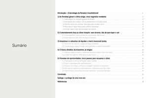 Sumário
Introdução – A tecnologia da floresta é insubstituível										9
1) As florestas geram o clima amigo: cinco segredos revelados									11
	 1.1) Reciclagem de umidade: geisers da floresta											11
	 1.2) Nucleação das nuvens: o pó de pirlimpimpim no oceano verde								14
	 1.3) Bomba biótica de umidade: doar água para receber chuva									15
	 1.4) Rios aéreos: água fresca pelas artérias suspensas										17
	 1.5) Dossel rugoso: freio de arrumação nos ventos											19
2) O desmatamento leva ao clima inóspito: sem árvores, não dá para tapar o sol						20
	 2.1) Desmatamento virtual: simulando a aniquilação das árvores									20
	 2.2) Desmatamento real: olhos de águia no espaço 											22
3) Amazônia e o calcanhar de Aquiles: o herói invencível tomba									25
	 3.1) Ponto de não retorno: o passo em falso no abismo										25
	 3.2) Savanização e desertificação: dano extensivo ou dano impensável?								26
4) O futuro climático da Amazônia: já chegou												28
	 4.1) Reciprocidade climática: o desmatamento acumulado cobra sua fatura 							29
	 4.2) Ordem de urgência: antes tarde do que nunca											30
5) Florestas de oportunidades: cinco passos para recuperar o clima								32
	 5.1) Popularizar a ciência da floresta: saber é poder											32
	 5.2) Zerar o desmatamento: para anteontem												32
	 5.3) Acabar com o fogo, a fumaça e a fuligem: chamem os bombeiros!								33
	 5.4) Recuperar o passivo do desmatamento: a fênix ressurge das cinzas	 							33
	 5.5) Governantes e sociedade precisam despertar: choque de realidade								34
Conclusão 																		36
Epílogo: o prólogo de uma nova era 													37
Referências																	38
 