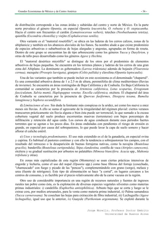 Grandes Ecosistemas de México y de Centro América                                                - 36 -




de distribución corresponde a las zonas áridas y subáridas del centro y norte de México. En la parte
norte prevalece el género Opuntia, en especial Opuntia leucotricha, O. robusta y O. steptacantha.
Hacia el centro son frecuentes el cardón (Lemaireocereus weberi), teteches (Neobuxbaumia tetetzu),
quiotilla (Escondria chioteilla) y viejito (Cephalocereus senilis).
    Otra variante es el "matorral rosetófilo"; se ubica en las laderas de los cerros calizos, zonas de la
altiplanicie y también en los abanicos aluviales de los llanos. Su nombre alude a que existe predominio
de especies arbustivas o subarbustivas de hojas alargadas y angostas, agrupadas en forma de roseta.
Dentro de este grupo se encuentran las de tipo arborescente como los géneros Yucca y Dasylirion, y
otras de tallo poco desarrollado como los géneros Agave y Hechtia.
   El "matorral desértico micrófilo" se distingue de los otros por el predominio de elementos
arbustivos de hojas pequeñas. Se encuentra en los terrenos planos y laderas de los cerros de una gran
zona del Altiplano. La dominante es gobernadora (Larrea tridentata) además de hojasén (Flourensia
cernua), mezquite (Prosopis laevigata), granjero (Celtis pallida) y clavelina (Opuntia leptocaulis).
    Una de las variantes que también se puede incluir en este ecosistema es el denominado "chaparral".
Es una comunidad arbustiva densa de 1 a 2.5 m de altura, perennifolia de clima mediterráneo (lluvias
de invierno). Se encuentra en áreas restringidas de Baja California y de Coahuila. En Baja California la
comunidad se caracteriza por la presencia de Artemisia californica, Lotus scoparius, Eriogonum
fasciculatum, Salvia mumii, Haplopappus venetus. Encella californica, etcétera. El chaparral del área
de Coahuila se caracteriza por la presencia de Quercus fusiformes, Diospyra texana, Bumelia
lanuginosa y Sophora secundiflora.
    d) Limitaciones al uso. Sin duda la limitante más conspicua es la aridez, así como los nueve a once
meses sin lluvias. A ello se suma el agravante de la irregularidad del régimen pluvial: ciertos veranos
transcurren prácticamente sin lluvia alguna o bien ésta puede ser torrencial, lo que sumado a la escasa
cobertura vegetal del suelo produce escorrentías masivas (torrenteras) con bajos porcentajes de
infiltración y retención del agua caída. Los cursos de agua conducen durante esos periodos fuertes
torrentes que se agotan a los pocos días. En áreas onduladas con pendientes el riesgo de erosión es
grande, en especial por causa del sobrepastoreo, lo que puede lavar la capa de suelo somero y hacer
aflorar el caliche estéril.
     e) Usos y tecnología predominantes. El uso más extendido es el de la ganadería, en especial ovina
y caprina. Es habitual el pastoreo continuo y con ello la tendencia a sobrepastorear los campos, con el
resultado del retroceso o la desaparición de buenas forrajeras nativas, como la navajita (Bouteloua
gracilis), banderilla (Bouteloua curtipendula), Stipa clandestina, costilla de vaca (Atriplex canescens),
etcétera y su gradual sustitución por arbustos no palatables (Mimosa biuncifera. Acacia spp., Mahonia
trifoliata y otras).
   En zonas más capitalizadas de esta región (Monterrey) se usan ciertas prácticas intensivas de
engorde y lechería, como el uso del nopal (Opuntia spp.) como base fibrosa del forraje (cosechado,
"chamuscado" con fuego y picado de las "pencas"), complementándolo con grano (sorgo), melaza y
urea (fuente de nitrógeno). Este tipo de alimentación se hace "a corral", en lugares cercanos a los
centros de consumo, y es factible por el precio relativamente alto de la carne vacuna en la región.
    Otro uso de considerable importancia en una región de recursos naturales y fuentes de ingresos
rurales tan pobre como ésta, es la explotación de diversas especies vegetales silvestres como materias
primas industriales: i) candelilla (Euphorbia antisiphilitica). Arbusto bajo que se corta y luego se le
extrae cera, por medios artesanales, para la venta como materia prima industrial, ii) Palma samandoca
(Yucca carnerosana). Se cosechan las hojas para extracción de fibra industrial, iii) Lechuguilla (Agave
lechuguilla), igual uso que la anterior, iv) Guayule (Parthenium argentatum). Se explotó durante la


                                                        Jorge Morello. Profesor Doctor Emérito
                                                                   Universidad de Buenos Aires
 