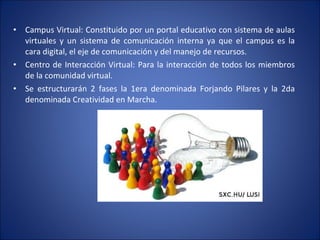 Campus Virtual: Constituido por un portal educativo con sistema de aulas virtuales y un sistema de comunicación interna ya que el campus es la cara digital, el eje de comunicación y del manejo de recursos. Centro de Interacción Virtual: Para la interacción de todos los miembros de la comunidad virtual. Se estructurarán 2 fases la 1era denominada Forjando Pilares y la 2da denominada Creatividad en Marcha. 