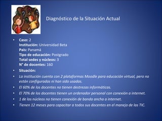 Diagnóstico de la Situación Actual Caso:  2 Institución:  Universidad Beta  País:  Panamá Tipo de educación:  Postgrado Total sedes y núcleos:  3  N° de docentes:  160 Situación: La institución cuenta con 2 plataformas Moodle para educación virtual, pero no están configuradas ni han sido usadas.   El 60% de los docentes no tienen destrezas informáticas.   El 70% de los docentes tienen un ordenador personal con conexión a internet.   1 de los núcleos no tienen conexión de banda ancha a internet.   Tienen 12 meses para capacitar a todos sus docentes en el manejo de las TIC.   