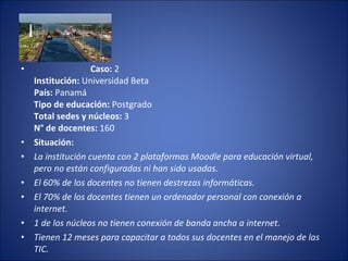 Caso:  2 Institución:  Universidad Beta  País:  Panamá Tipo de educación:  Postgrado Total sedes y núcleos:  3  N° de docentes:  160 Situación: La institución cuenta con 2 plataformas Moodle para educación virtual, pero no están configuradas ni han sido usadas.   El 60% de los docentes no tienen destrezas informáticas.   El 70% de los docentes tienen un ordenador personal con conexión a internet.   1 de los núcleos no tienen conexión de banda ancha a internet.   Tienen 12 meses para capacitar a todos sus docentes en el manejo de las TIC.   