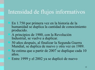 Intensidad de flujos informativos En 1.750 por primera vez en la historia de la humanidad se duplica la cantidad de conocimiento producido.   A principios de 1900, con la Revolución Industrial, se vuelve a duplicar.   50 años después, al finalizar la Segunda Guerra Mundial, se duplica de nuevo y otra vez en 1989.   Se estima que a partir de 2007 se duplique cada 10 años.   Entre 1999 y el 2002 ya se duplicó de nuevo  