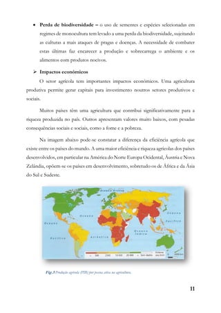 11
 Perda de biodiversidade – o uso de sementes e espécies selecionadas em
regimes de monocultura tem levado a uma perda da biodiversidade, sujeitando
as culturas a mais ataques de pragas e doenças. A necessidade de combater
estas últimas faz encarecer a produção e sobrecarrega o ambiente e os
alimentos com produtos nocivos.
 Impactos económicos
O setor agrícola tem importantes impactos económicos. Uma agricultura
produtiva permite gerar capitais para investimento noutros setores produtivos e
sociais.
Muitos países têm uma agricultura que contribui significativamente para a
riqueza produzida no país. Outros apresentam valores muito baixos, com pesadas
consequências sociais e sociais, como a fome e a pobreza.
Na imagem abaixo pode-se constatar a diferença da eficiência agrícola que
existe entre os países do mundo. A uma maior eficiência e riqueza agrícolas dos países
desenvolvidos, em particular na América do Norte Europa Ocidental, Áustria e Nova
Zelândia, opõem-se os países em desenvolvimento, sobretudo os de África e da Ásia
do Sul e Sudeste.
Fig.3 Produção agrícola (PIB) por pessoa ativa na agricultura.
 