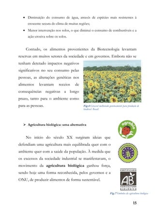15
 Diminuição do consumo de água, através de espécies mais resistentes à
crescente secura do clima de muitas regiões;
 Menor intervenção nos solos, o que diminui o consumo de combustíveis e a
ação erosiva sobre os solos.
Contudo, os alimentos provenientes da Biotecnologia levantam
reservas em muitos setores da sociedade e em governos. Embora não se
tenham detetado impactos negativos
significativos no seu consumo pelas
pessoas, as alterações genéticas nos
alimentos levantam receios de
consequências negativas a longo
prazo, tanto para o ambiente como
para as pessoas.
 Agricultura biológica: uma alternativa
No início do século XX surgiram ideias que
defendiam uma agricultura mais equilibrada quer com o
ambiente quer com a saúde da população. À medida que
os excessos da sociedade industrial se manifestavam, o
movimento da agricultura biológica ganhou força,
sendo hoje uma forma reconhecida, pelos governos e a
ONU, de produzir alimentos de forma sustentável.
Fig.6 Girassol melhorado geneticamente para produção de
biodiesel. Brasil.
Fig.7 Símbolos da agricultura biológica
 