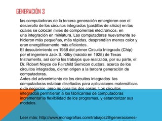GENERACIÓN 3
las computadoras de la tercera generación emergieron con el
desarrollo de los circuitos integrados (pastillas de silicio) en las
cuales se colocan miles de componentes electrónicos, en
una integración en miniatura. Las computadoras nuevamente se
hicieron más pequeñas, más rápidas, desprendían menos calor y
eran energéticamente más eficientes.
El descubrimiento en 1958 del primer Circuito Integrado (Chip)
por el ingeniero Jack S. Kilby (nacido en 1928) de Texas
Instruments, así como los trabajos que realizaba, por su parte, el
Dr. Robert Noyce de Fairchild Semicon ductors, acerca de los
circuitos integrados, dieron origen a la tercera generación de
computadoras.
Antes del advenimiento de los circuitos integrados las
computadoras estaban diseñadas para aplicaciones matemáticas
o de negocios pero no para las dos cosas. Los circuitos
integrados permitieron a los fabricantes de computadoras
incrementar la flexibilidad de los programas, y estandarizar sus
modelos.
Leer más: http://www.monografias.com/trabajos28/generaciones-
 