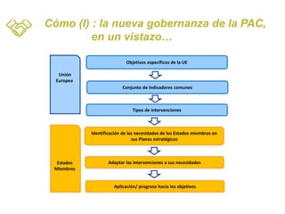Objetivos específicos de la UE
Conjunto de indicadores comunes
Unión
Europea
Tipos de intervenciones
Identificación de las necesidades de los Estados miembros en
sus Planes estratégicos
Adaptar las intervenciones a sus necesidades
Aplicación/ progreso hacia los objetivos
Estados
Miembros
Cómo (I) : la nueva gobernanza de la PAC,
en un vistazo…
 