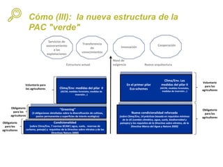 Cómo (III): la nueva estructura de la
PAC "verde"
Voluntario
para los
agricultores
En el primer pilar
Eco-schemes
Clima/Env. Las
medidas del pilar II
(AECM, medidas forestales,
medidas de inversión...)
Condicionalidad
(sobre Clima/Env, 7 normas BCAM ( agua, suelo, reservas de
carbono, paisaje) y requisitos de la Directiva sobre nitratos y de las
Directivas Natura 2000)
Nivel de
exigencia
Clima/Env: medidas del pilar II
(AECM, medidas forestales, medidas de
inversión...)
Nueva condicionalidad reforzada
(sobre Clima/Env, 14 prácticas basado en requisitos mínimos
de la UE (cambio climático, agua, suelo, biodiversidad y
paisajes) y los requisitos de la Directiva sobre nitratos, de la
Directiva Marco del Agua y Natura 2000)
Estructura actual Nueva arquitectura
Obligatorio
para los
agricultores
Obligatorio
para los
agricultores
Voluntario para
los agricultores
Obligatorio
para los
agricultores
Servicios de
asesoramiento
a las
explotaciones
Transferencia
de
conocimientos
Innovación
Cooperación
"Greening“
(3 obligaciones detalladas sobre la diversificación de cultivos,
pastos permanentes y superficies de interés ecológico)
 