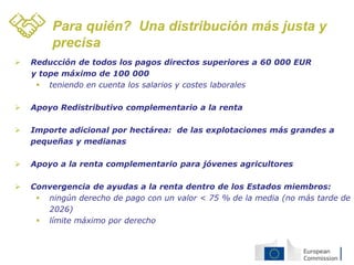  Reducción de todos los pagos directos superiores a 60 000 EUR
y tope máximo de 100 000
 teniendo en cuenta los salarios y costes laborales
 Apoyo Redistributivo complementario a la renta
 Importe adicional por hectárea: de las explotaciones más grandes a
pequeñas y medianas
 Apoyo a la renta complementario para jóvenes agricultores
 Convergencia de ayudas a la renta dentro de los Estados miembros:
 ningún derecho de pago con un valor < 75 % de la media (no más tarde de
2026)
 límite máximo por derecho
Para quién? Una distribución más justa y
precisa
 