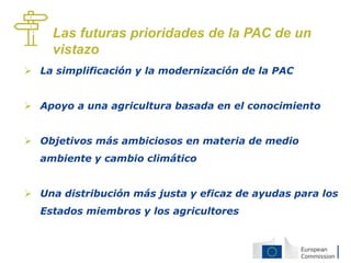  La simplificación y la modernización de la PAC
 Apoyo a una agricultura basada en el conocimiento
 Objetivos más ambiciosos en materia de medio
ambiente y cambio climático
 Una distribución más justa y eficaz de ayudas para los
Estados miembros y los agricultores
Las futuras prioridades de la PAC de un
vistazo
 