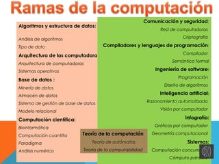 Algoritmos y estructura de datos:
Análisis de algoritmos
Tipo de dato
Arquitectura de las computadoras:
Arquitectura de computadoras
Sistemas operativos
Base de datos :
Minería de datos
Almacén de datos
Sistema de gestión de base de datos
Modelo relacional
Computación científica:
Bioinformática
Computación cuantiíta
Paradigma
Análisis numérico
Comunicación y seguridad:
Red de computadoras
Criptografía
Compiladores y lenguajes de programación:
Compilador
Semántica formal
Ingeniería de software:
Programación
Diseño de algoritmos
Inteligencia artificial:
Razonamiento automatizado
Visión por computador
Infografía:
Gráficos por computador
Geometría computacional
Sistemas:
Computación concurrente
Cómputo paralelo
Teoría de la computación
Teoría de autómatas
Teoría de la computabilidad
 