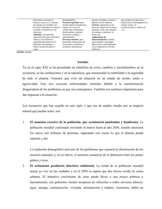 electrónicos mientras se
reducen el peso y el consumo
de energía; por ejemplo, los
circuitos integrados se reducen
a tamaño nanométricos con
funciones.
Alimento: al desarrollar
nanomateriales para atribuirles
sabores a los alimentos,
seguridad alimentaria en el
momento del empaque y
ofrecer beneficios para la
salud.
biodegradables.
Procesos agrícolas: para
diseñar plantas transgénicas
capaces de crecer en
condiciones ambientales
desfavorables o plantas
resistentes a plagas y
enfermedades.
Procesos marinos: para
desarrollar aplicaciones de
acuicultura, cosméticas y
productos alimentarios.
gestión estratégica, táctica y
operativa de la empresa.
Ciencia: aplicación en los
diversos campos de la ciencia
aplicada, como, por ejemplo,
la biología, la química, la
física, etc.
Aplicaciones de
almacenamiento: portales
para comprar y descargar
aplicaciones, principalmente
en los dispositivos móviles
(tabletas).
que ayudan en la decisión y
pautas para el interrogatorio de
testigo ocular y el
reconocimiento y síntesis de
voz.
Fuente: propia.
Sociales
Ya en el siglo XXI se ha presentado un torbellino de crisis, cambios e incertidumbres en la
economía, en las instituciones y en la naturaleza, que amenazarán la estabilidad y la seguridad
de todo el planeta. Tenemos que vivir tal situación en un estado de miedo, estrés y
agresividad. Esto nos ocasiona enfermedades mentales debido a la transformación
desgarradora de los problemas en que nos sumergimos. También nos sentimos impotentes para
dar respuesta a la situación.
Los escenarios que han surgido en este siglo, y que son de amplio estudio por su impacto
natural que puedan tener, son:
1. El aumento excesivo de la población, que ocasionaría pandemias y hambruna. La
población mundial continuará creciendo al menos hasta el año 2050, cuando alcanzará
los nueve mil millones de personas, superando con creces lo que el planeta pueda
soportar y dar.
La explosión demográfica será uno de los problemas que causaría la disminución de los
recursos naturales y, en su efecto, el aumento sustancial de la diferencia entre los países
pobres y ricos.
2. El urbanismo producirá deterioro ambiental. La mitad de la población mundial
actual ya vive en las ciudades y en el 2050 se espera que dos tercios resida en zonas
urbanas. El intensivo crecimiento de estas puede llevar a una mayor pobreza y
hacinamiento, con gobiernos locales incapaces de ofrecerles a todos servicios básicos:
agua, energía, comunicación, vivienda, alimentación y empleo. Asimismo, habrá un
 
