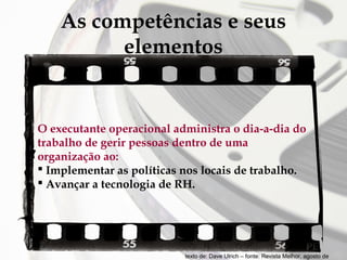 As competências e seus
elementos

O executante operacional administra o dia-a-dia do
trabalho de gerir pessoas dentro de uma
organização ao:
 Implementar as políticas nos locais de trabalho.
 Avançar a tecnologia de RH.

texto de: Dave Ulrich – fonte: Revista Melhor, agosto de

 