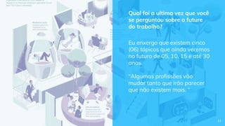 Qual foi a ultima vez que você
se perguntou sobre o future
do trabalho?
Eu enxergo que existem cinco
(06) tópicos que ainda veremos
no futuro de 05, 10, 15 e até 30
anos.
“Algumas profissões vão
mudar tanto que irão parecer
que não existem mais. “
11
 