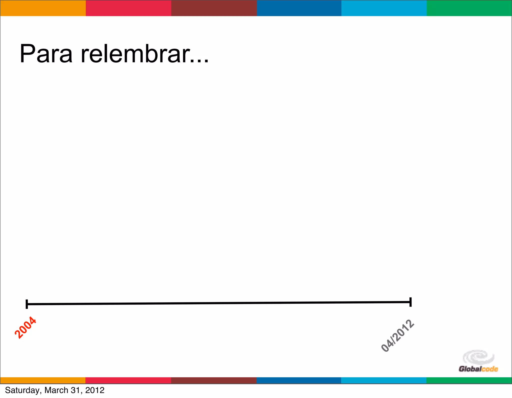 Para relembrar...
   04




                                  2
                               01
20




                             /2
                           04
                           Globalcode	
  –	
  Open4education
Saturday, March 31, 2012
 