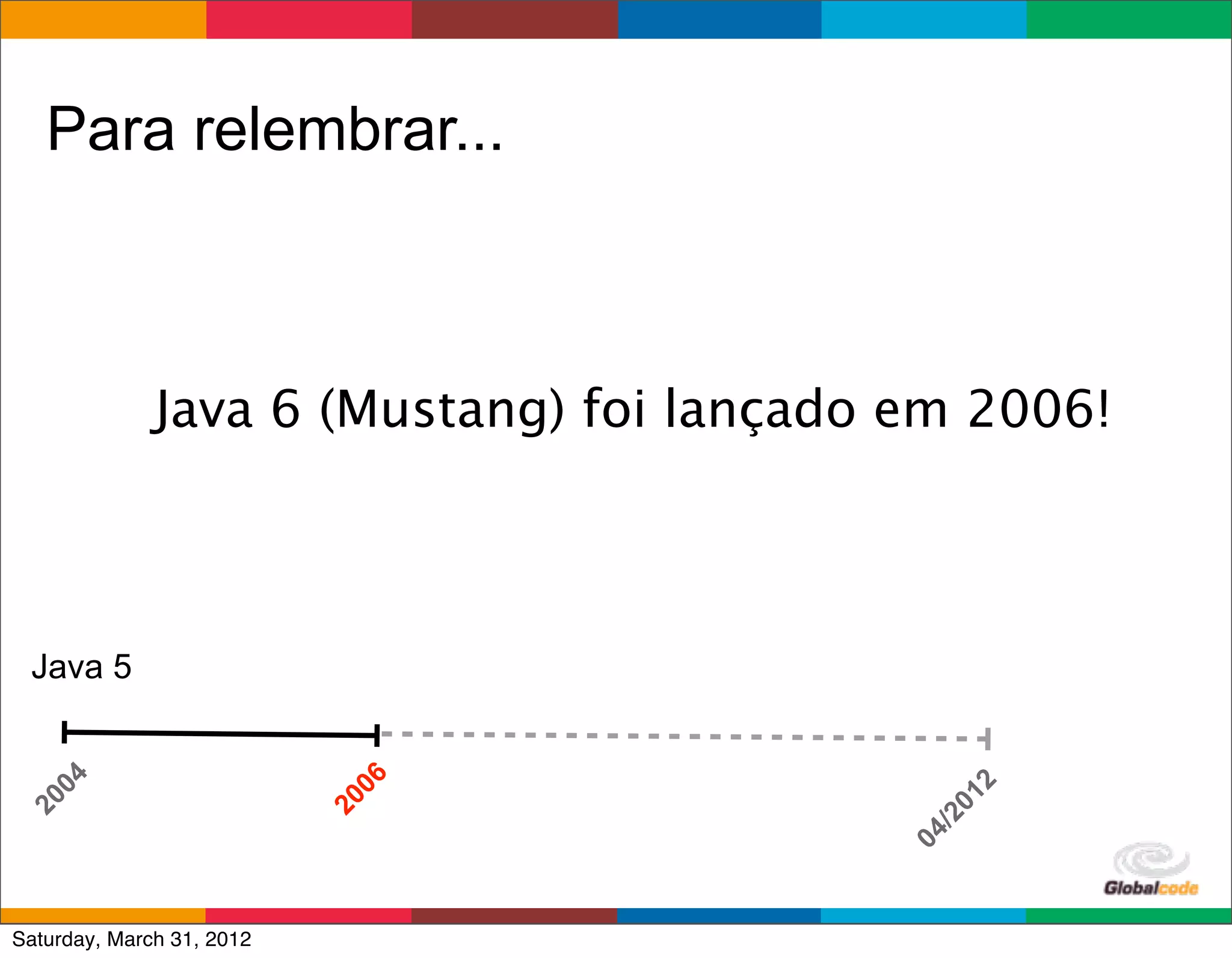 Para relembrar...



              Java 6 (Mustang) foi lançado em 2006!



 Java 5
   04




                            06




                                                 2
                                              01
20




                           20




                                            /2
                                          04
                                          Globalcode	
  –	
  Open4education
Saturday, March 31, 2012
 