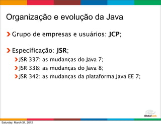 Organização e evolução da Java

        Grupo de empresas e usuários: JCP;

        Especificação: JSR;
             JSR 337: as mudanças do Java 7;
             JSR 338: as mudanças do Java 8;
             JSR 342: as mudanças da plataforma Java EE 7;




                                                 Globalcode	
  –	
  Open4education
Saturday, March 31, 2012
 