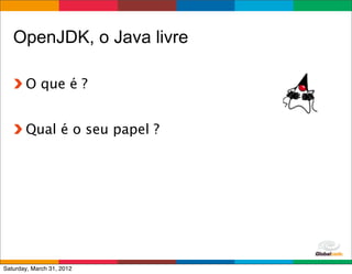OpenJDK, o Java livre

       O que é ?


       Qual é o seu papel ?




                              Globalcode	
  –	
  Open4education
Saturday, March 31, 2012
 