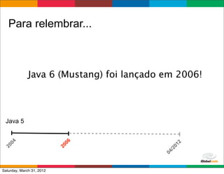 Para relembrar...



              Java 6 (Mustang) foi lançado em 2006!



 Java 5
   04




                            06




                                                 2
                                              01
20




                           20




                                            /2
                                          04
                                          Globalcode	
  –	
  Open4education
Saturday, March 31, 2012
 