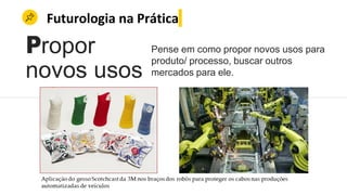 Futurologia na Prática
Propor
novos usos
Pense em como propor novos usos para
produto/ processo, buscar outros
mercados para ele.
 