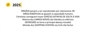 2025
ÓRGÃOS passam a ser reproduzidos por impressoras 3D
MÃOS ROBÓTICAS se igualam à capacidade humana
Cientistas conseguem trazer ESPÉCIES EXTINTAS DE VOLTA À VIDA
Maioria dos CARROS NOVOS são híbridos ou elétricos
DEPRESSÃO se torna a principal doença mundial
Metade dos SHOPPING CENTERS nos EUA irão fechar
 