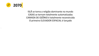 2070
ISLÃ se torna a religião dominante no mundo
CASAS se tornam totalmente automatizadas
CAMADA DE OZÔNIO é totalmente reconstruída
O primeiro ELEVADOR ESPACIAL é lançado
 