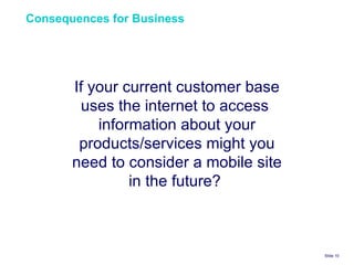 Consequences for Business  Slide    If your current customer base uses the internet to access  information about your products/services might you need to consider a mobile site in the future?  