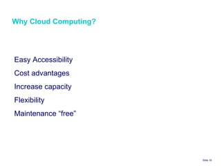 Why Cloud Computing? Slide    Easy Accessibility Cost advantages Increase capacity Flexibility Maintenance “free” 