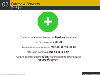 02 Futuros & Forwards Ventajas Contratos estandarizados que dan  liquidez  al mercado No hay riesgo de  default Comparativamente se pagan  menos comisiones Se puede ganar a la  suba o a la baja Seguro de precio para  traders  y oportunidad de ganancia para  especuladores + 