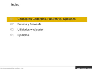 01 Conceptos Generales. Futuros vs. Opciones 02 Futuros y Forwards 03 Utilidades y valuación 04 Ejemplos Índice 