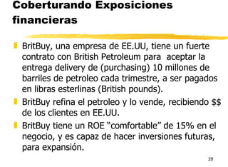 Coberturando Exposiciones financieras BritBuy, una empresa de EE.UU, tiene un fuerte contrato con British Petroleum para  aceptar la entrega delivery de (purchasing) 10 millones de barriles de petroleo cada trimestre, a ser pagados en libras esterlinas (British pounds). BritBuy refina el petroleo y lo vende, recibiendo $$ de los clientes en EE.UU. BritBuy tiene un ROE “comfortable” de 15% en el negocio, y es capaz de hacer inversiones futuras, para expansión. 