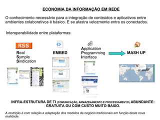 ECONOMIA DA INFORMAÇÃO EM REDE Interoperabilidade entre plataformas: O conhecimento necessário para a integração de conteúdos e aplicativos entre ambientes colaborativos é básico. E se alastra velozmente entre os conectados.  R eal  S ymple  S indication EMBED A pplication P rogramming I nterface MASH UP INFRA-ESTRUTURA DE TI  (COMUNICAÇÃO, ARMAZENAMENTO E PROCESSAMENTO)  ABUNDANTE: GRATUITA OU COM CUSTO MUITO BAIXO. A restrição é com relação a adaptação dos modelos de negócio tradicionais em função desta nova realidade. 