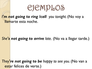 EJEMPLOS
I'm not going to ring /call you tonight. (No voy a
  llamarte esta noche.



She's not going to arrive late. (No va a llegar tarde.)




They're not going to be happy to see you. (No van a
 estar felices de verte.)
 