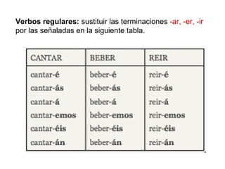Verbos regulares: sustituir las terminaciones -ar, -er, -ir
por las señaladas en la siguiente tabla.
