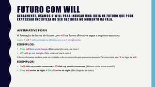 FUTURO COM WILL
GERALMENTE, USAMOS O WILL PARA INDICAR UMA IDEIA DE FUTURO QUE PODE
EXPRESSAR INCERTEZA OU SER DECIDIDA NO MOMENTO DA FALA.
AFFIRMATIVE FORM
A formação de frases de futuro com will na forma afirmativa segue a seguinte estrutura:
Sujeito + will + verbo principal no infinitivo sem o to + complemento
EXEMPLOS:
• They will buy a new house. (Eles comprarão uma casa nova.)
• We will go out tonight. (Nós sairemos hoje à noite.)
A forma afirmativa também pode ser utilizada na forma contraída após pronomes pessoais. Para isso, basta usar 'll no lugar de will.
EXEMPLOS:
• I will visit my cousin tomorrow. = I'll visit my cousin tomorrow. (Visitarei minha prima amanhã.)
• They will arrive at night. =They'll arrive at night. (Eles chegarão de noite.)
 