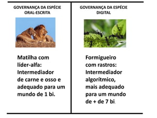 Quanto mais habitantes tivermos,
mais teremos que criar
metodologias e tecnologias que
promovam a reintermediação!
(vide restaurante a quilo)
 