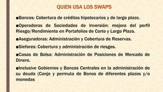 QUIEN USA LOS SWAPS
■Bancos: Cobertura de créditos hipotecarios y de largo plazo.
■Operadoras de Sociedades de Inversión: mejora del perfil
Riesgo/Rendimiento en Portafolios de Corto y Largo Plazo.
■Aseguradoras: Administración y Cobertura de Reservas.
■Siefores: Cobertura y administración de riesgos.
■Casas de Bolsa: Administración de Posiciones de Mercado de
Dinero.
■Inclusive Gobiernos y Bancos Centrales en la administración de
su deuda (Canje y permuta de Bonos de diferentes plazos y/o
monedas
 