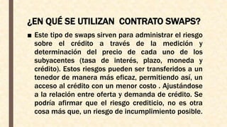 ¿EN QUÉ SE UTILIZAN CONTRATO SWAPS?
■ Este tipo de swaps sirven para administrar el riesgo
sobre el crédito a través de la medición y
determinación del precio de cada uno de los
subyacentes (tasa de interés, plazo, moneda y
crédito). Estos riesgos pueden ser transferidos a un
tenedor de manera más eficaz, permitiendo así, un
acceso al crédito con un menor costo . Ajustándose
a la relación entre oferta y demanda de crédito. Se
podría afirmar que el riesgo crediticio, no es otra
cosa más que, un riesgo de incumplimiento posible.
 