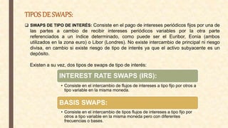TIPOS DE SWAPS:
 SWAPS DE TIPO DE INTERÉS: Consiste en el pago de intereses periódicos fijos por una de
las partes a cambio de recibir intereses periódicos variables por la otra parte
referenciados a un índice determinado, como puede ser el Euribor, Eonia (ambos
utilizados en la zona euro) o Libor (Londres). No existe intercambio de principal ni riesgo
divisa, en cambio si existe riesgo de tipo de interés ya que el activo subyacente es un
depósito.
Existen a su vez, dos tipos de swaps de tipo de interés:
INTEREST RATE SWAPS (IRS):
• Consiste en el intercambio de flujos de intereses a tipo fijo por otros a
tipo variable en la misma moneda.
BASIS SWAPS:
• Consiste en el intercambio de tipos flujos de intereses a tipo fijo por
otros a tipo variable en la misma moneda pero con diferentes
frecuencias o bases.
 