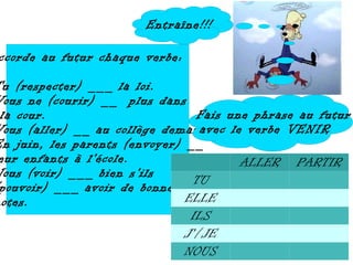 Entraîne!!!

ccorde au futur chaque verbe:

Tu (respecter) ___ la loi.
Vous ne (courir) __ plus dans
 la cour.                        Fais une phrase au futur
Vous (aller) __ au collège demain avec le verbe VENIR
En juin, les parents (envoyer) __
 eur enfants à l'école.                  ALLER PARTIR
Nous (voir) ___ bien s'ils
                                TU
 pouvoir) ___ avoir de bonnes
notes.                         ELLE
                                ILS
                               J'/JE
                               NOUS
 