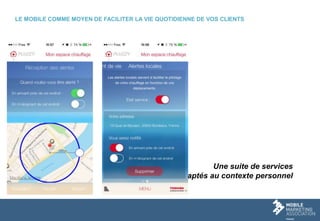LE MOBILE COMME MOYEN DE FACILITER LA VIE QUOTIDIENNE DE VOS CLIENTS
Une suite de services
adaptés au contexte personnel
 