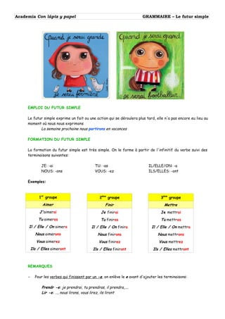 Academia Con lápiz y papel GRAMMAIRE – Le futur simple
EMPLOI DU FUTUR SIMPLE
Le futur simple exprime un fait ou une actio...