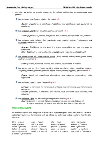 Academia Con lápiz y papel GRAMMAIRE – Le futur simple
– Au futur les verbes du premier groupe ont les mêmes modifications...
